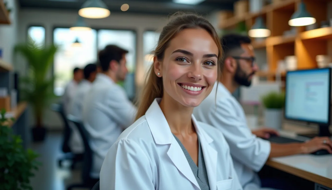 Funcionários de laboratório trabalhando com sistemas automatizados e computadores