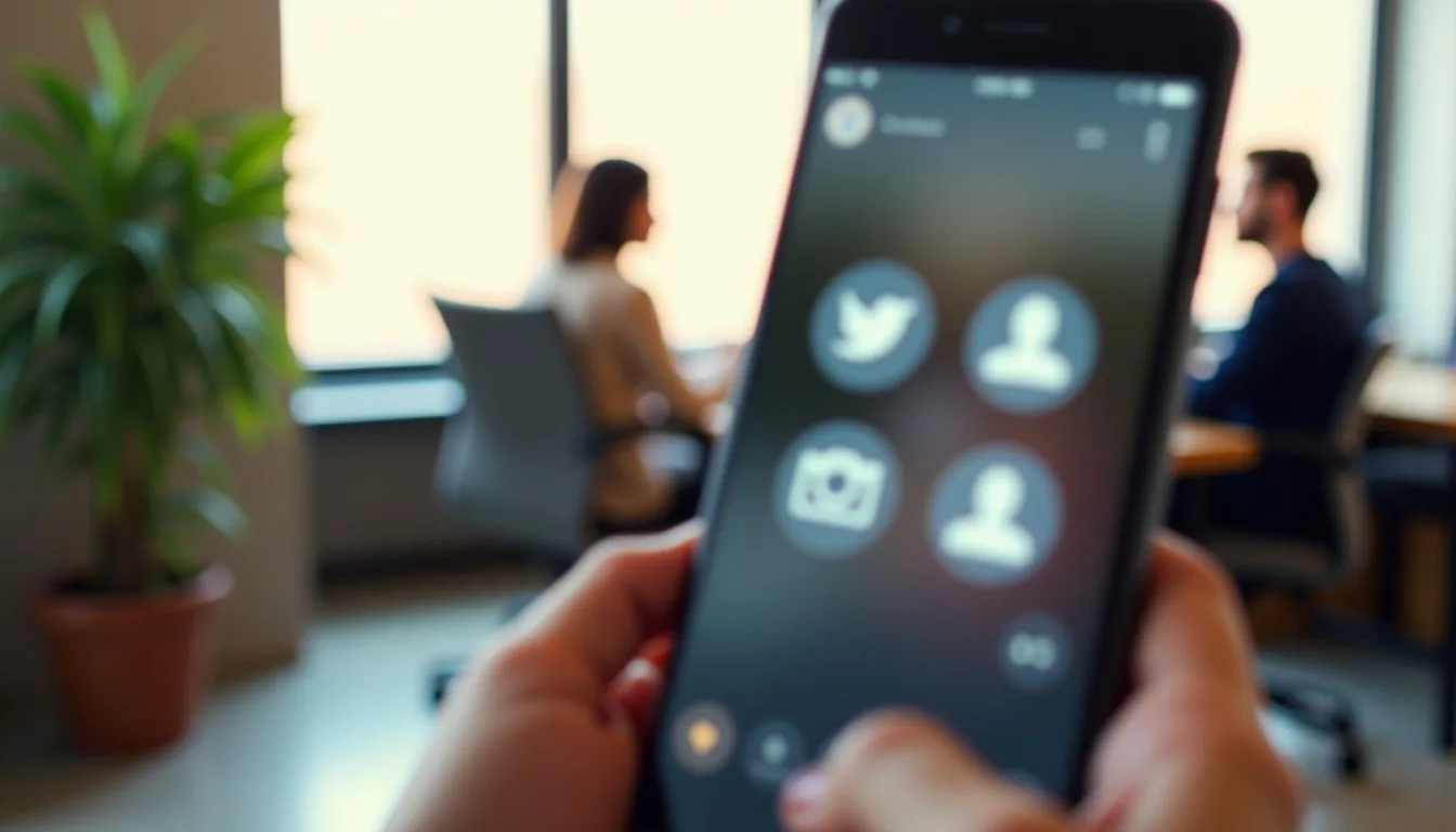 Tela de smartphone mostrando notificação de shadowban do Instagram com ícones de algoritmo desfocados ao fundo