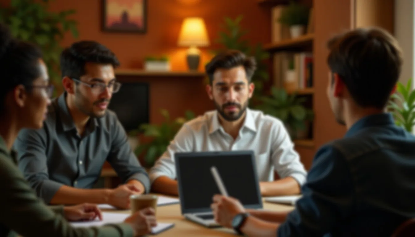Homem de negócios explicando software para um grupo de pessoas em uma sala de reunião