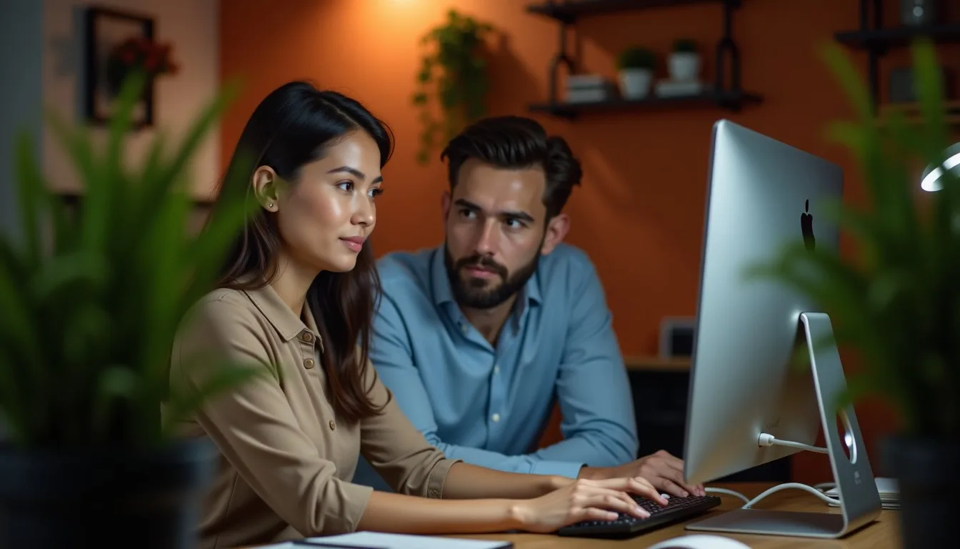 Especialista em TI solucionando problemas em um sistema de computador com um colega de trabalho