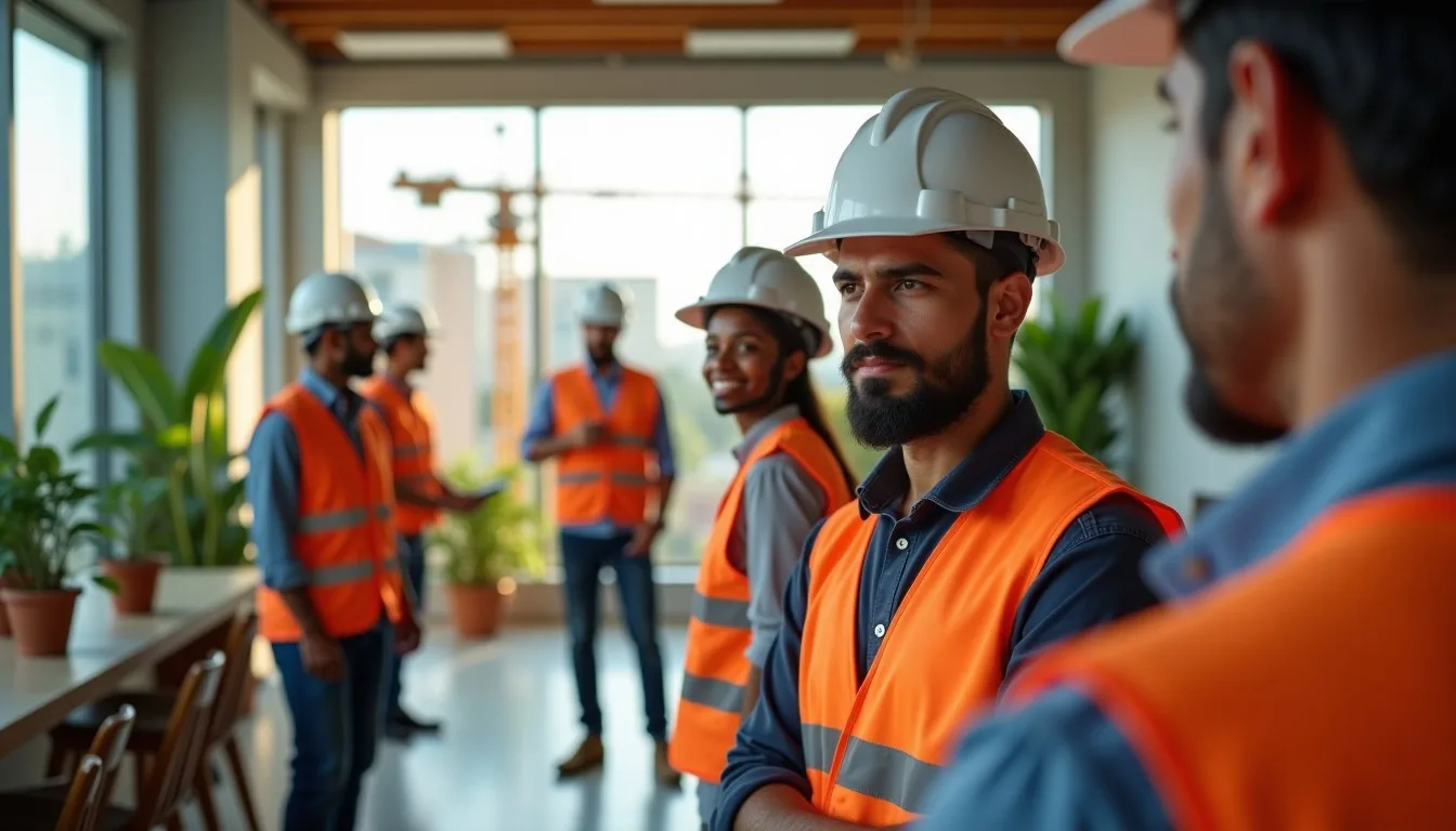 Construtores trabalhando em canteiro de obras com guindaste ao fundo