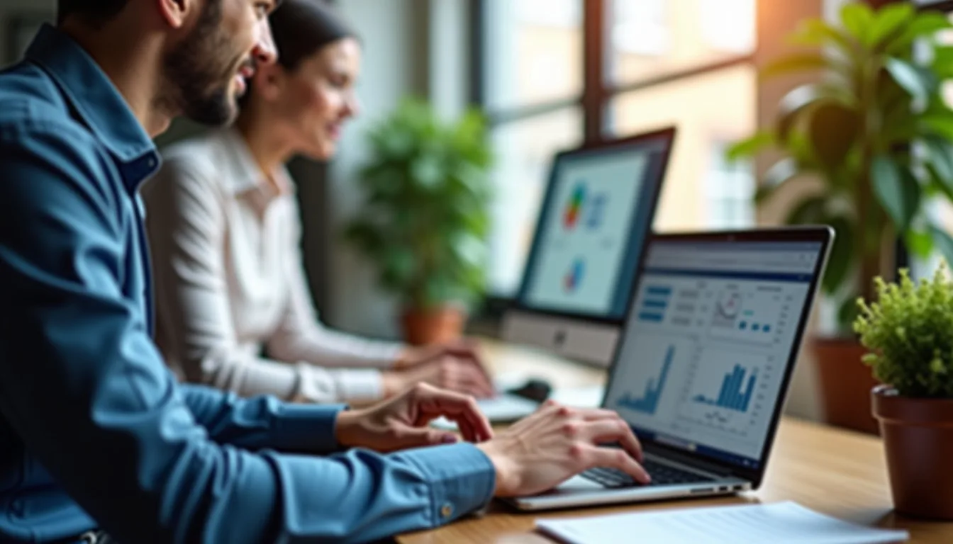 Analista financeiro trabalhando em computador com planilhas na tela