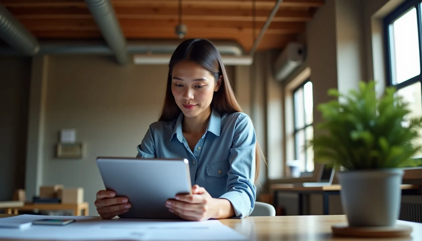 Mulher de negócios analisando dados em um tablet em um canteiro de obras