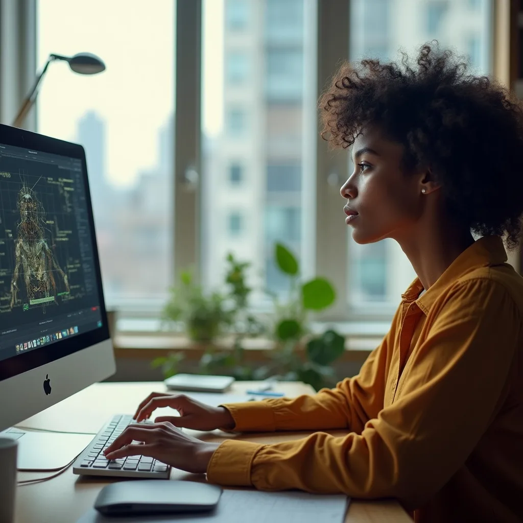 Interface de chatbot em uma tela de computador com uma vista da cidade ao fundo