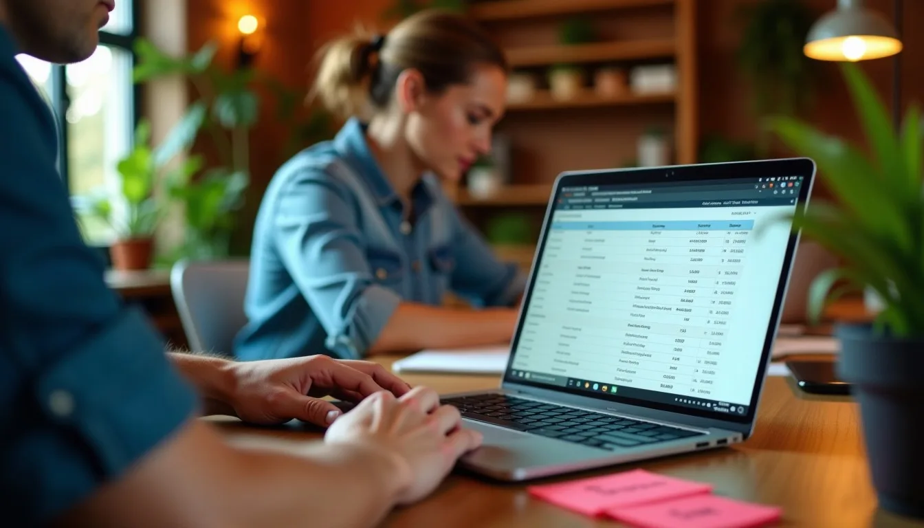 Orçamento inicial de ERP genérico exibido em laptop, com custos ocultos de implementação indicados por notas adesivas vermelh
