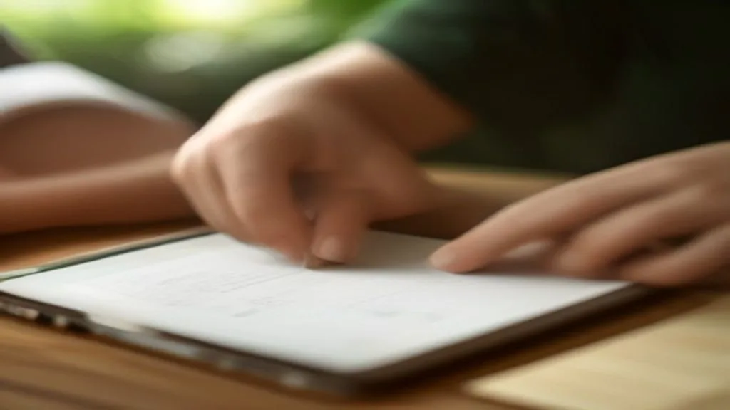 Dono de PME em Minas Gerais mostrando desconfiança ao analisar relatório vazio no tablet, com xícara de café ao lado em escri