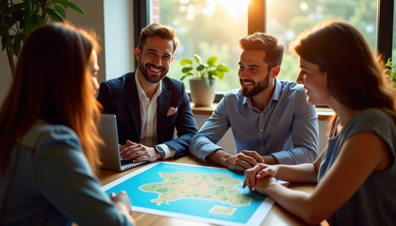 Profissionais discutindo tendências imobiliárias em mapa digital