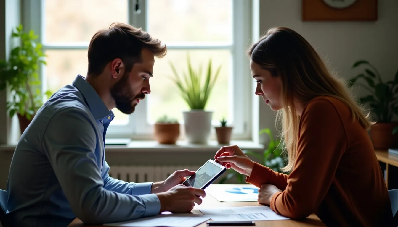 Corretor mostrando propriedade ao cliente em tablet com tecnologia